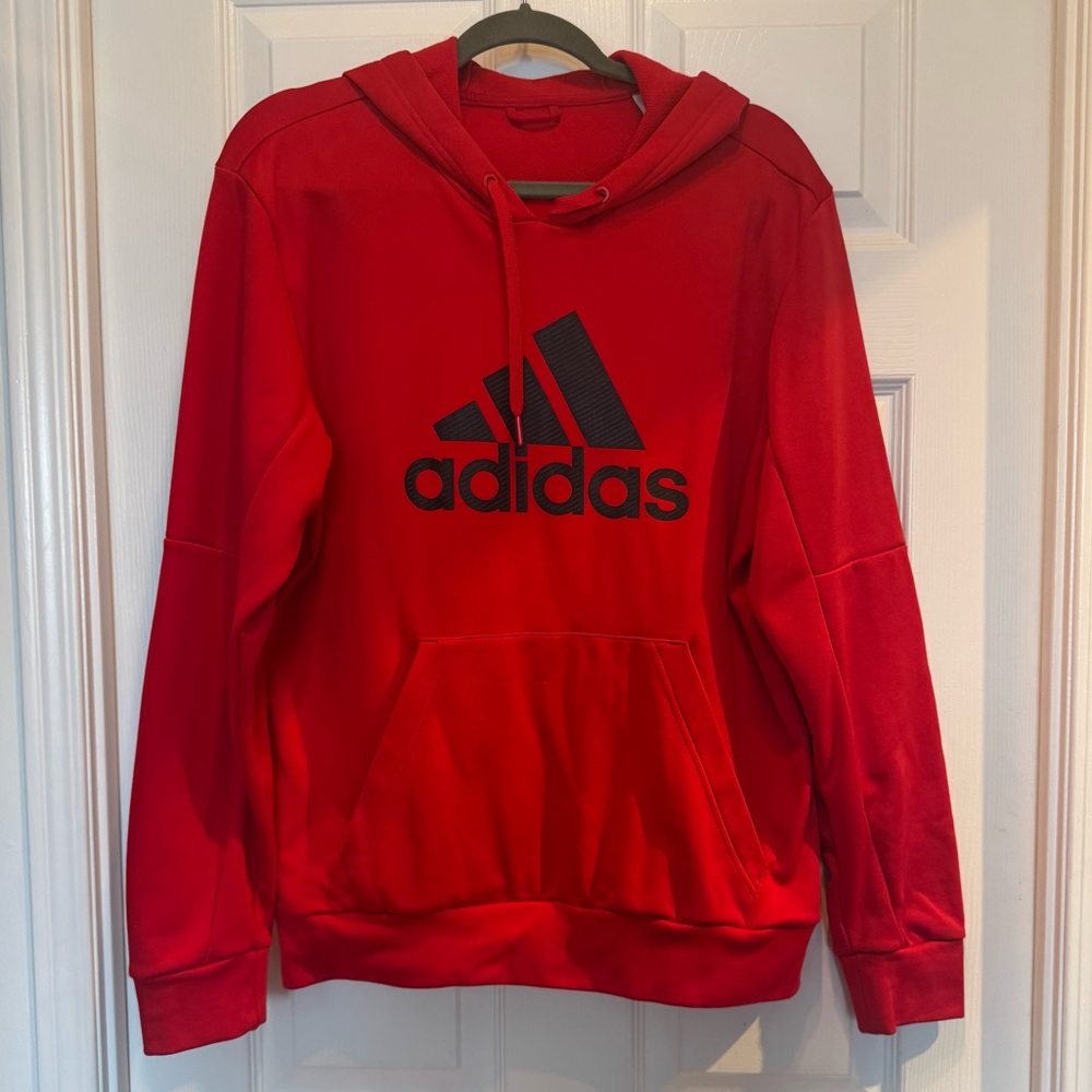 Adidas Three-Striped Red Logo Hoodie – Men’s Large